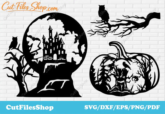 Halloween scenes dxf for laser cutting, dxf halloween for decor making, Halloween for cricut, haunted castle halloween, halloween owl, png happy halloween, party halloween svg, halloween decor dxf for home, halloween stickers, clip art halloween, dxf for halloween, scary tree svg