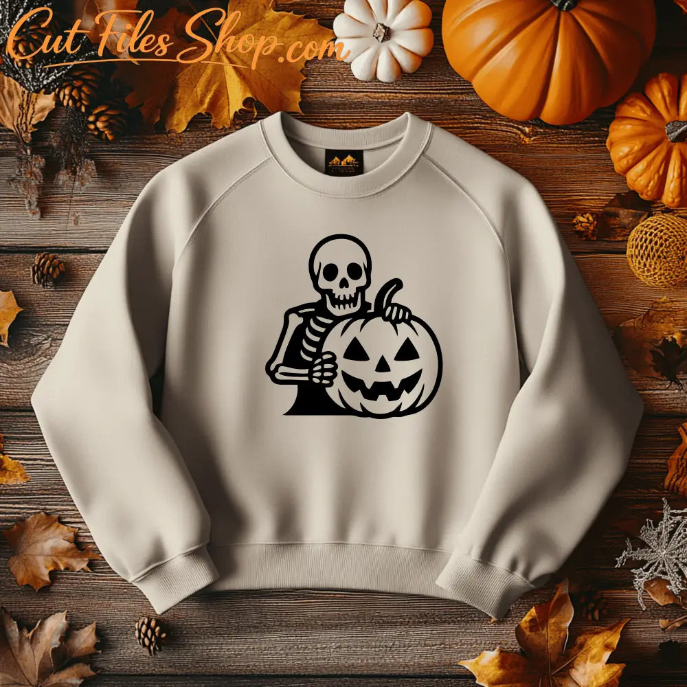Skeleton with jack-o’-lantern SVG Halloween design for CNC