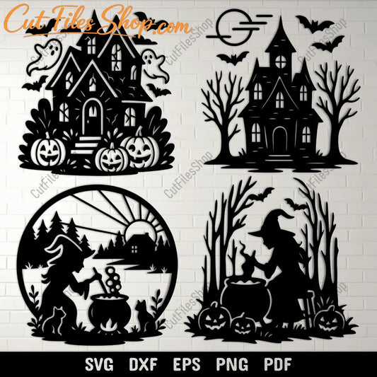 Halloween scenes SVG bundle with haunted houses witches and pumpkins