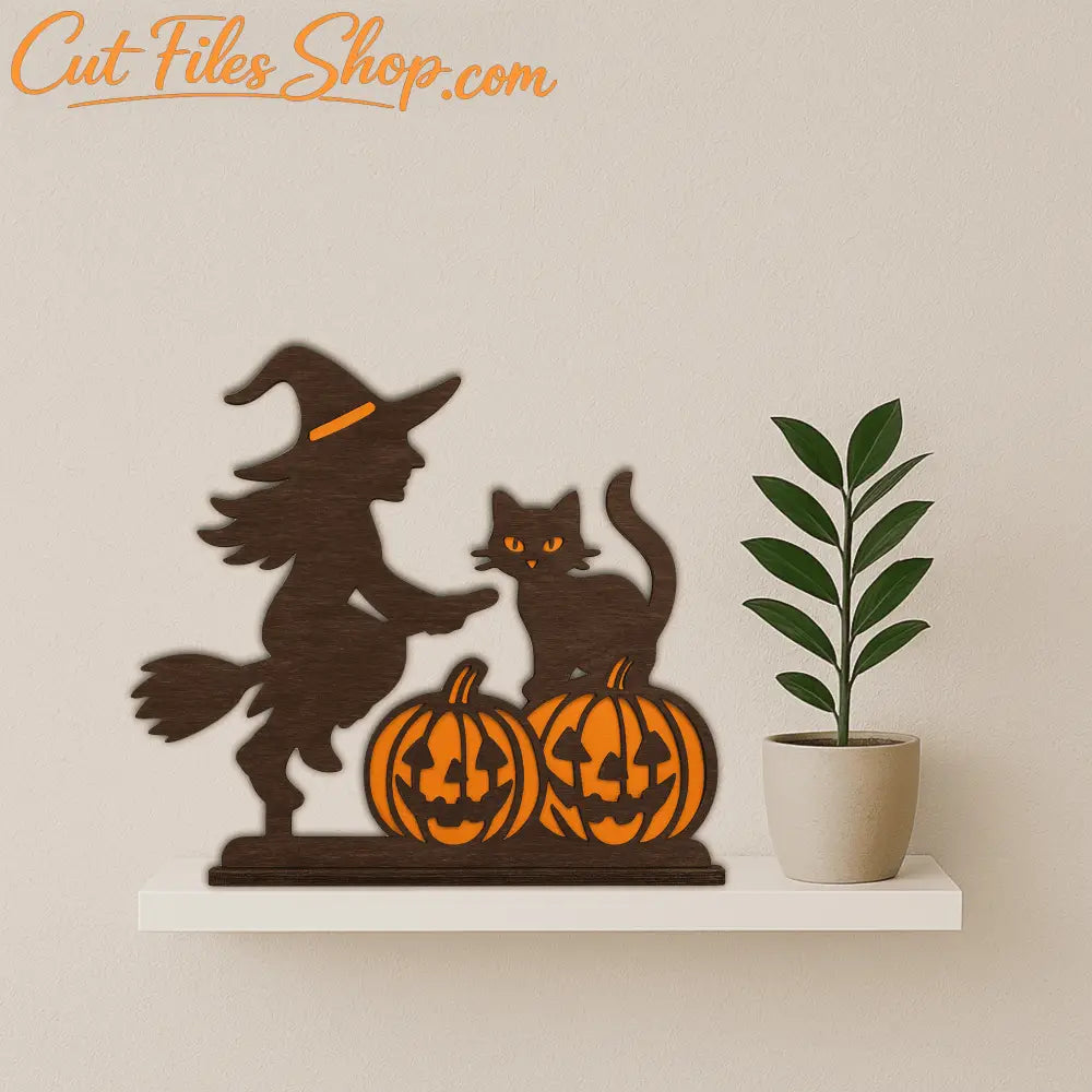Halloween Witch Cat Pumpkin Statue – Layered SVG DXF Files for Laser Cutting - Digital Artwork