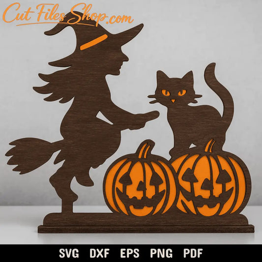 Halloween Witch Cat Pumpkin Statue – Layered SVG DXF Files for Laser Cutting - Digital Artwork