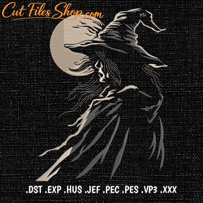 Gothic witch embroidery stitched in ivory, white and grey thread on black fabric.