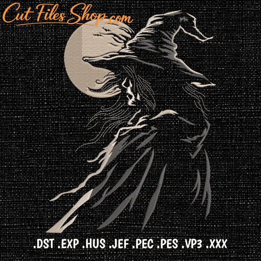 Gothic witch embroidery stitched in ivory, white and grey thread on black fabric.
