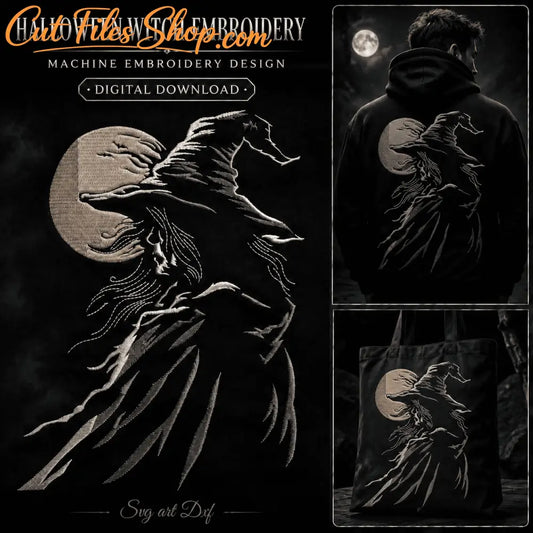 Halloween witch machine embroidery design with a pointed hat, full moon and flying bats.
