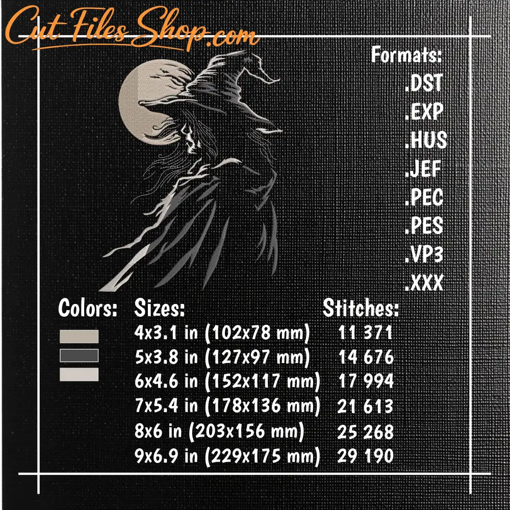 Halloween witch embroidery design displayed on the back of a premium black hoodie.