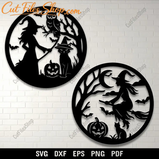 Halloween witch round SVG with cat and pumpkin