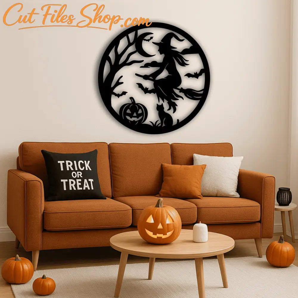 Round witch silhouette PNG for Glowforge and CNC cutting