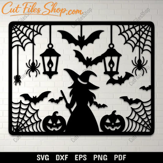 Halloween witch scene SVG cutting file with bats and pumpkins