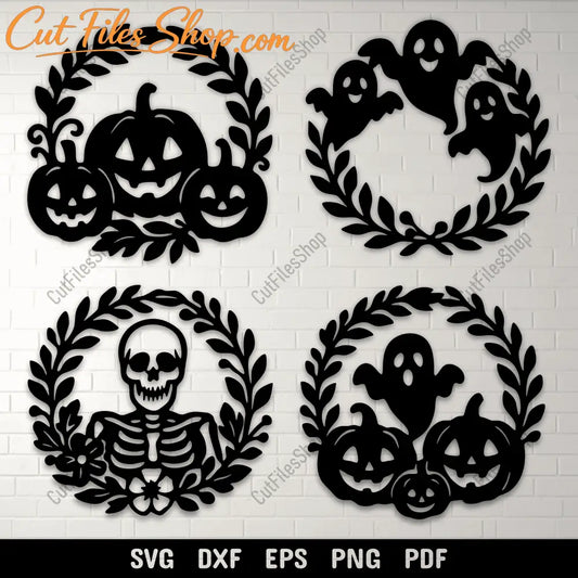 Halloween wreath SVG cutting file with pumpkins and ghosts