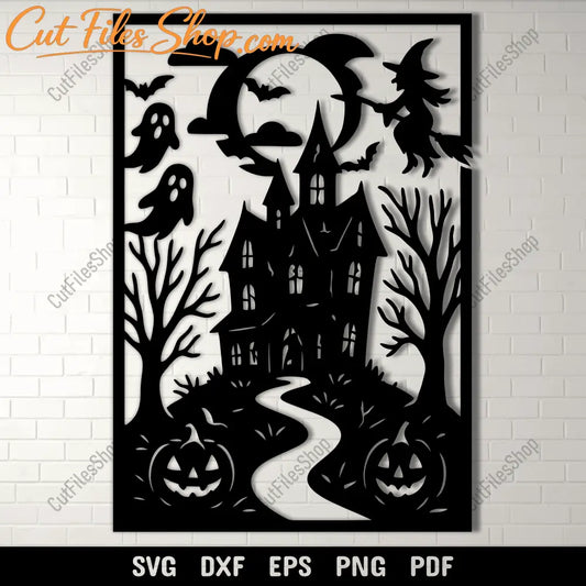 Haunted house Halloween SVG cutting file with witch and ghosts