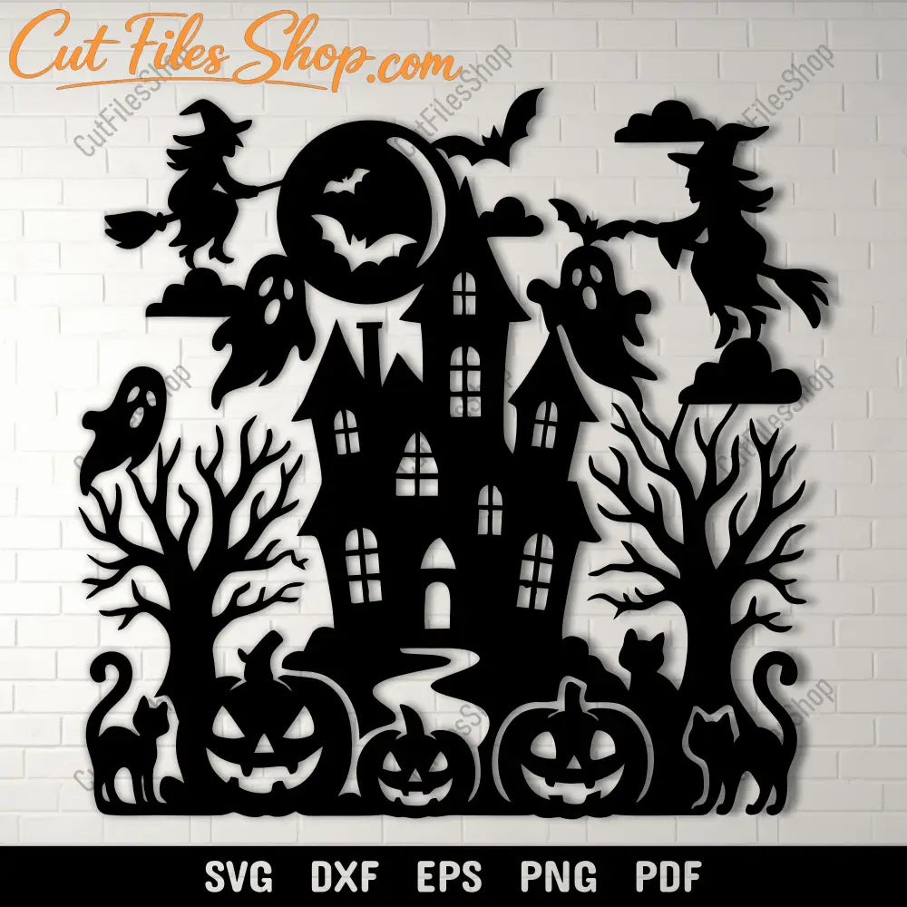 Haunted house Halloween SVG cutting file with witches and ghosts