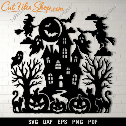 Haunted house Halloween SVG cutting file with witches and ghosts