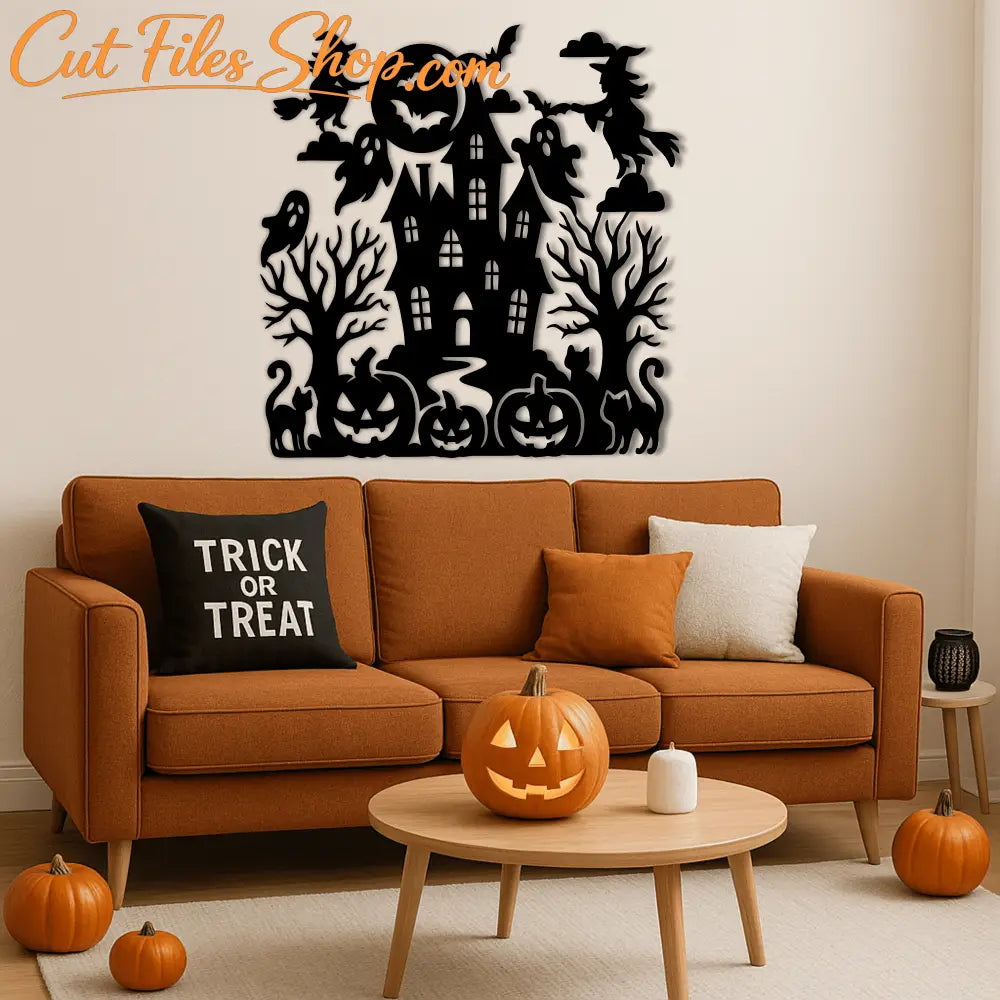Halloween DXF design with haunted mansion and pumpkins for CNC