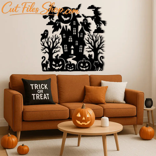 Halloween DXF design with haunted mansion and pumpkins for CNC