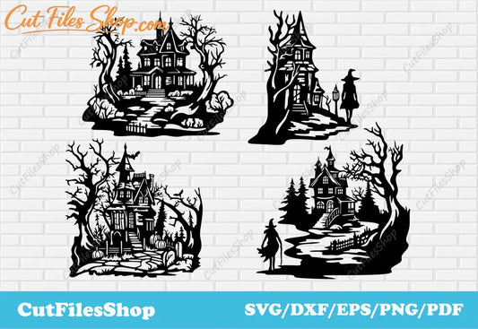 Haunted houses svg, Halloween svg, witch svg, png for scrapbooking, Halloween dxf for laser, Halloween castle svg, scary pumpkins svg, vector halloween free, svg free download, halloween cut files, scary tree svg, spooky halloween svg, funny halloween svg, halloween t shirt design, halloween decor dxf