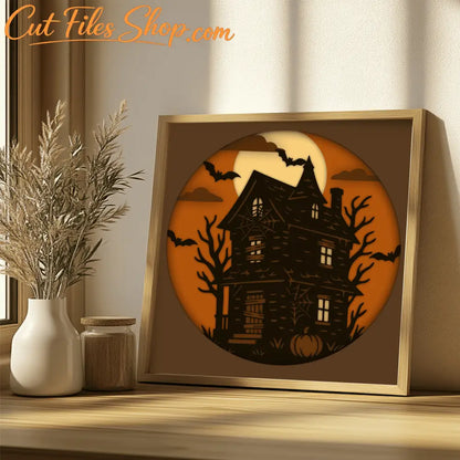 Halloween haunted house 3D layered art with bats and pumpkins