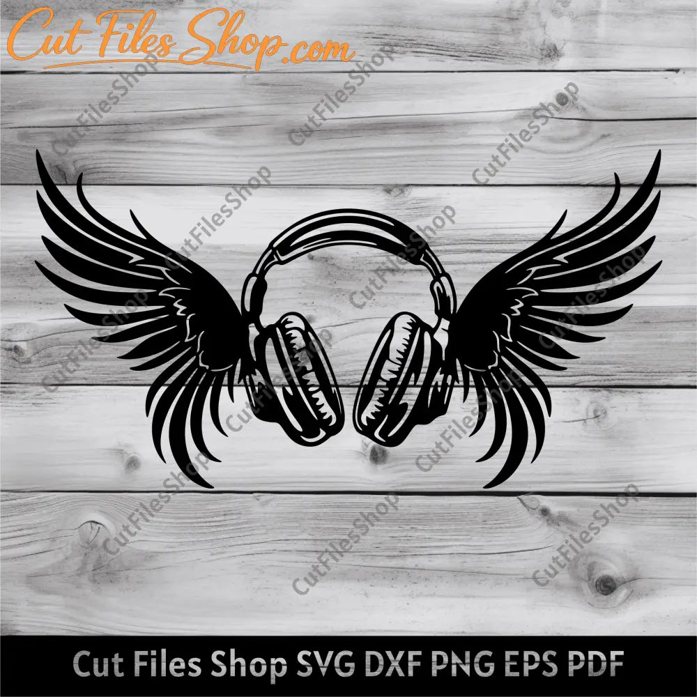 Headphones wings svg, Headphones Art, Clipart png for T-shirt design, Silhouette cut files, sticker svg, wings svg for cricut, t-shirt art, sublimation design, headphones dxf, paper cut art, dtf svg