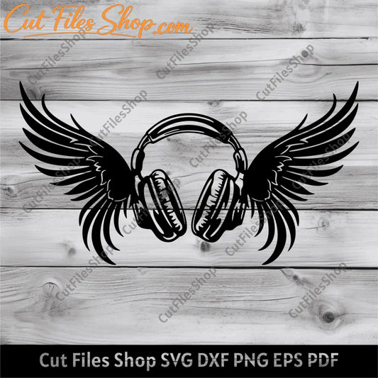 Headphones wings svg, Headphones Art, Clipart png for T-shirt design, Silhouette cut files, sticker svg, wings svg for cricut, t-shirt art, sublimation design, headphones dxf, paper cut art, dtf svg
