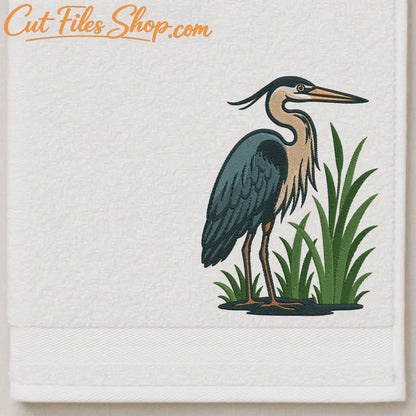 Embroidery of a heron in nature setting