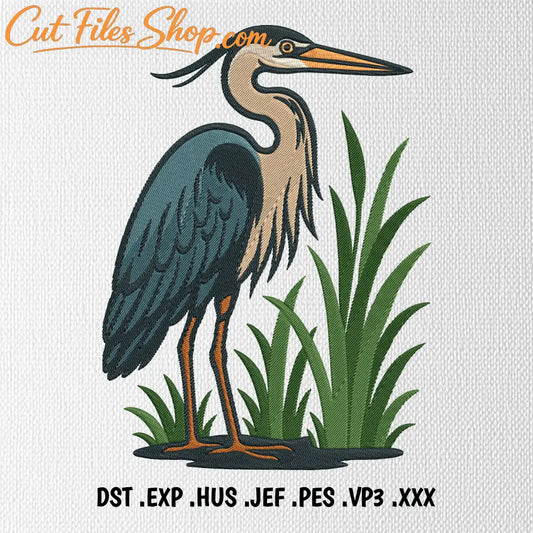 Nature scene with heron and tent for embroidery
