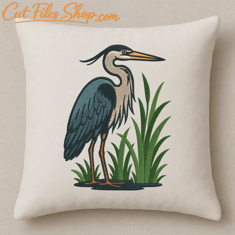 Heron in the wild embroidery pillow design