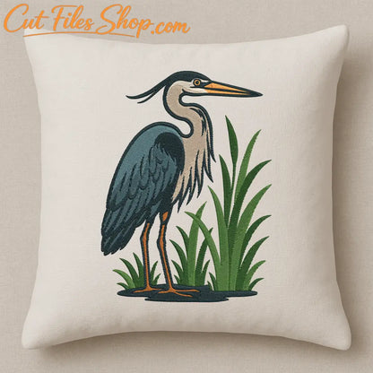 Heron in the wild embroidery pillow design