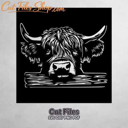 Highland cow SVG DXF laser cut design for garden fence, farm gate and decorative metal panel.