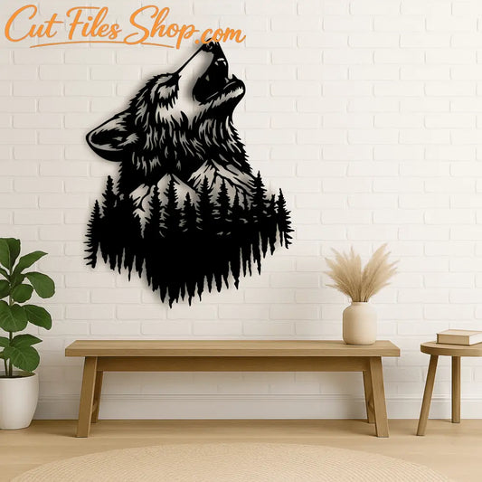 Wolf double exposure silhouette for CNC laser cutting