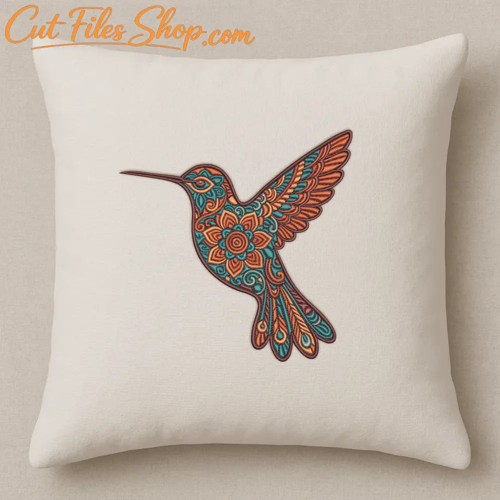 Machine embroidery of a hummingbird