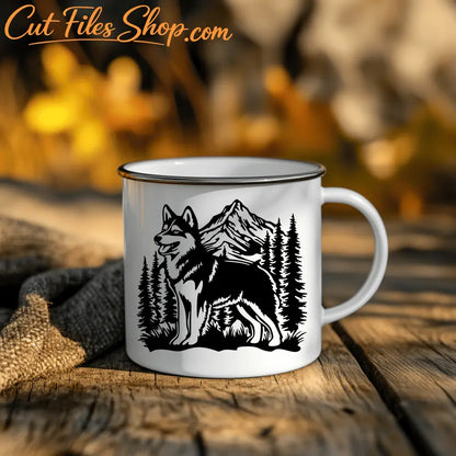 Wolf dog metal wall art with pine trees