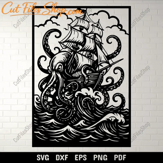 Kraken attacking ship SVG DXF for CNC and laser cutting