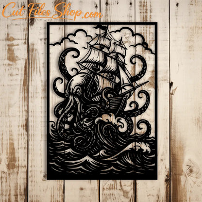 Nautical kraken scene for metal wall art and wood décor