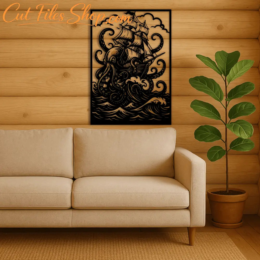 Ship vs sea monster vector design for Cricut crafts