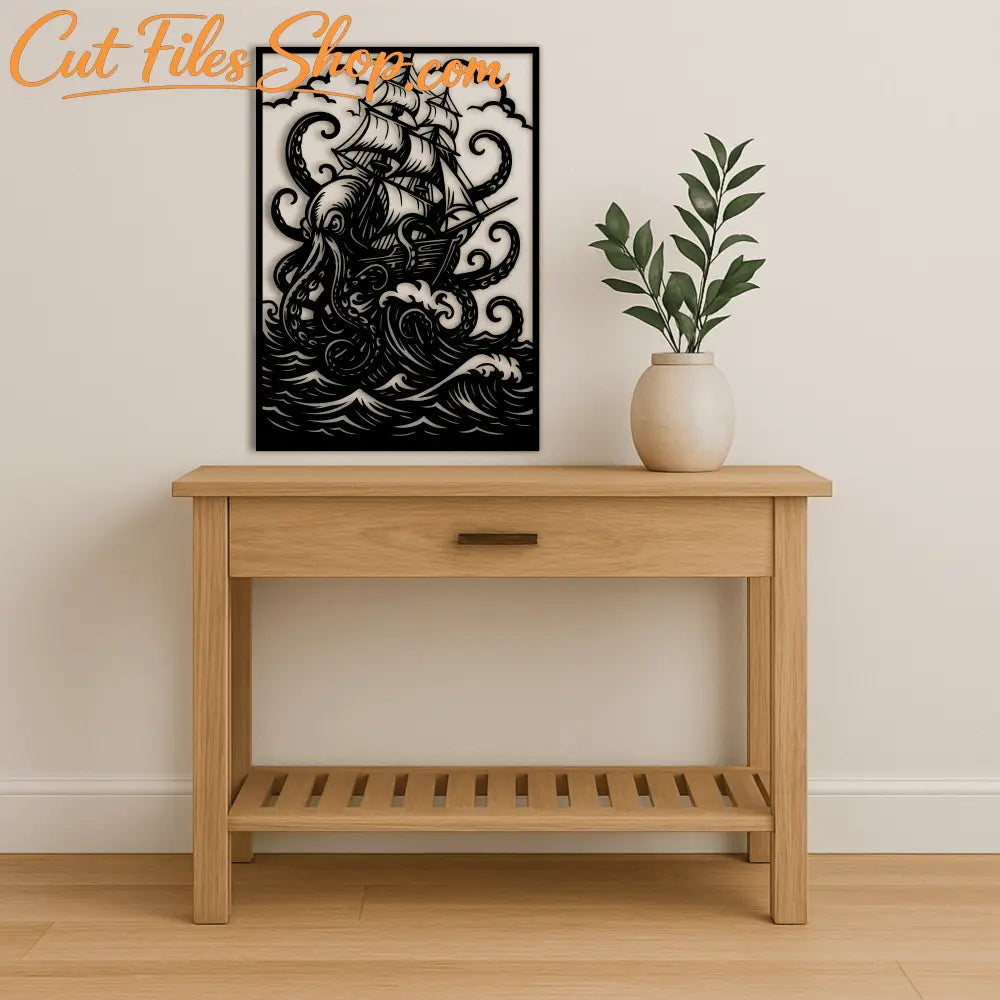 Octopus tentacles wrapping pirate ship silhouette