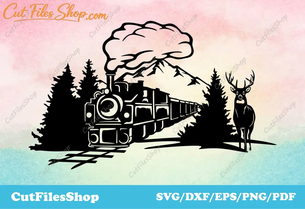 Landscape dxf file, train dxf, svg cut file, forest dxf, nature dxf, silhouette dxf file, cutting files, dxf laser file