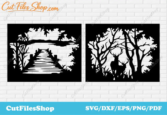 Landscape dxf files, Scenery Dxf Files, CNC plasma dxf files, Deer dxf files, Svg for cricut, nature dxf, wildlife dxf, laser cut files