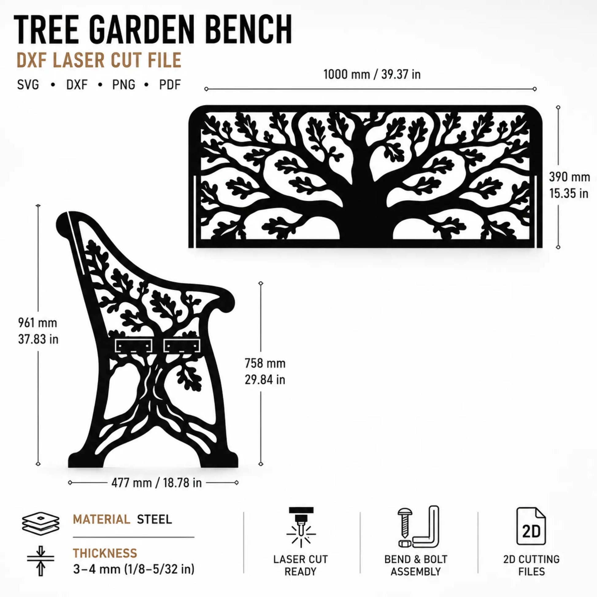 Finished laser-cut metal garden bench with oak tree backrest and light wooden seat.