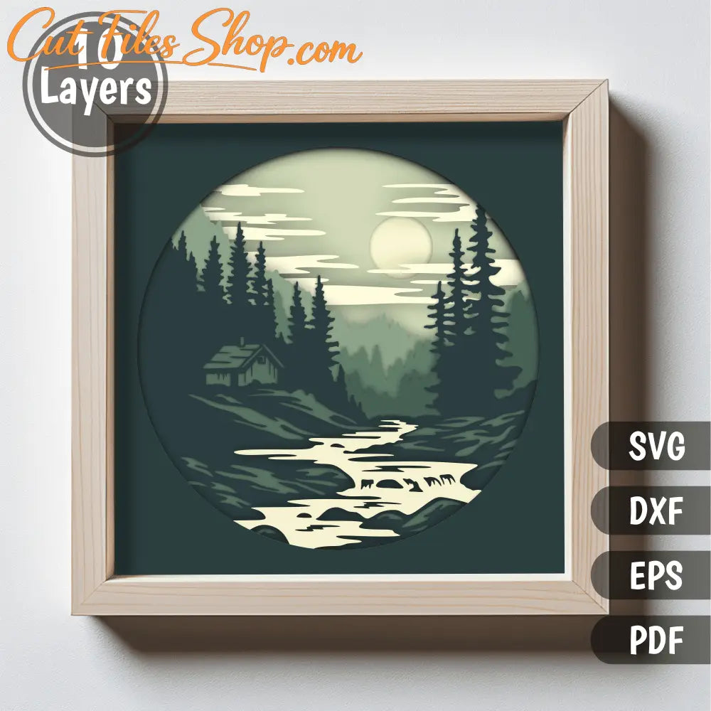 Preview of Layered Cabin in Woods SVG for Cricut, 3D Shadow Box Template, Dxf files
