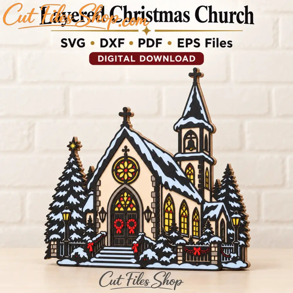 Layered Christmas church SVG laser cut design with snowy trees and glowing windows