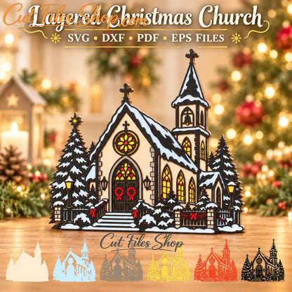 Christmas church laser cut file with bell tower, lanterns and festive wreaths