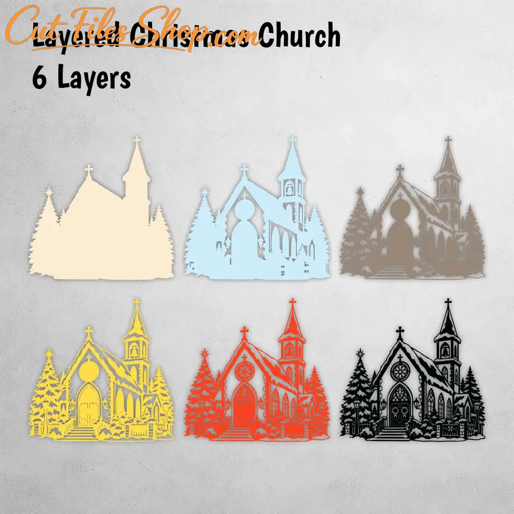 Detailed Christmas village SVG with church, snow, trees and decorative fence