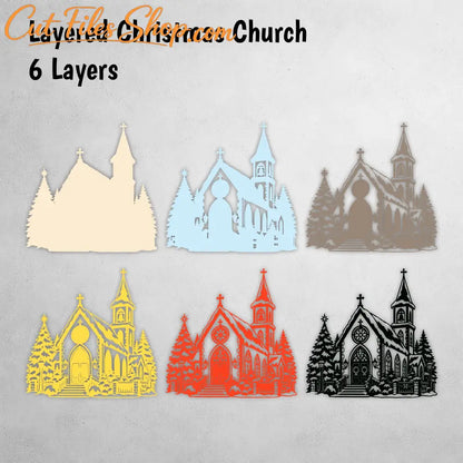 Detailed Christmas village SVG with church, snow, trees and decorative fence