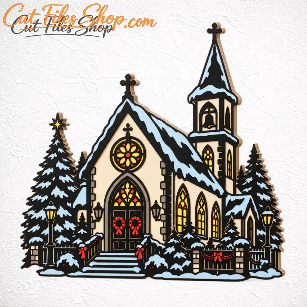 Painted plywood Christmas church displayed on a festive wooden table