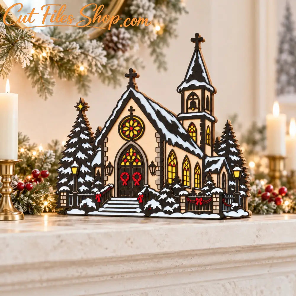 Wooden Christmas village church decoration made from stacked plywood layers