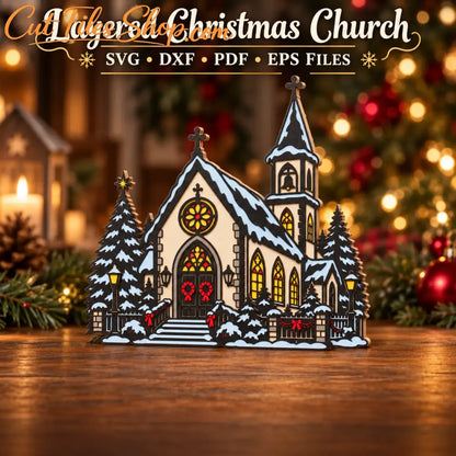 Multi-layer laser cut church design for plywood, MDF, acrylic and cardstock