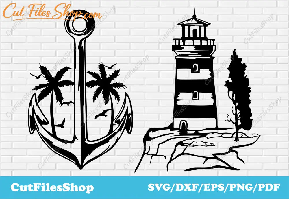 Lighthouse, anchor svg cut files for cricut, dxf for laser, cricut craft ideas, vector for sticker making, anchor dxf, lighthouse dxf, summer for cricut, summer svg files, summer vector images, t shirt summer svg, t shirt art, cricut svgs, palm dxf svg for cricut, cut files