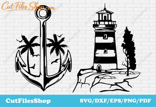Lighthouse, anchor svg cut files for cricut, dxf for laser, cricut craft ideas, vector for sticker making, anchor dxf, lighthouse dxf, summer for cricut, summer svg files, summer vector images, t shirt summer svg, t shirt art, cricut svgs, palm dxf svg for cricut, cut files