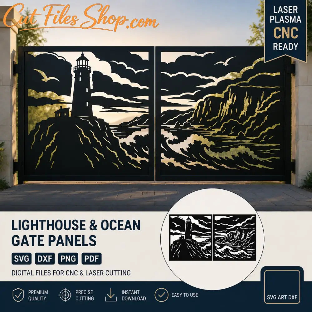 Lighthouse gate DXF SVG with ocean waves and coastal cliffs