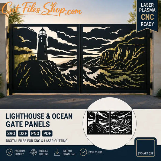 Lighthouse gate DXF SVG with ocean waves and coastal cliffs