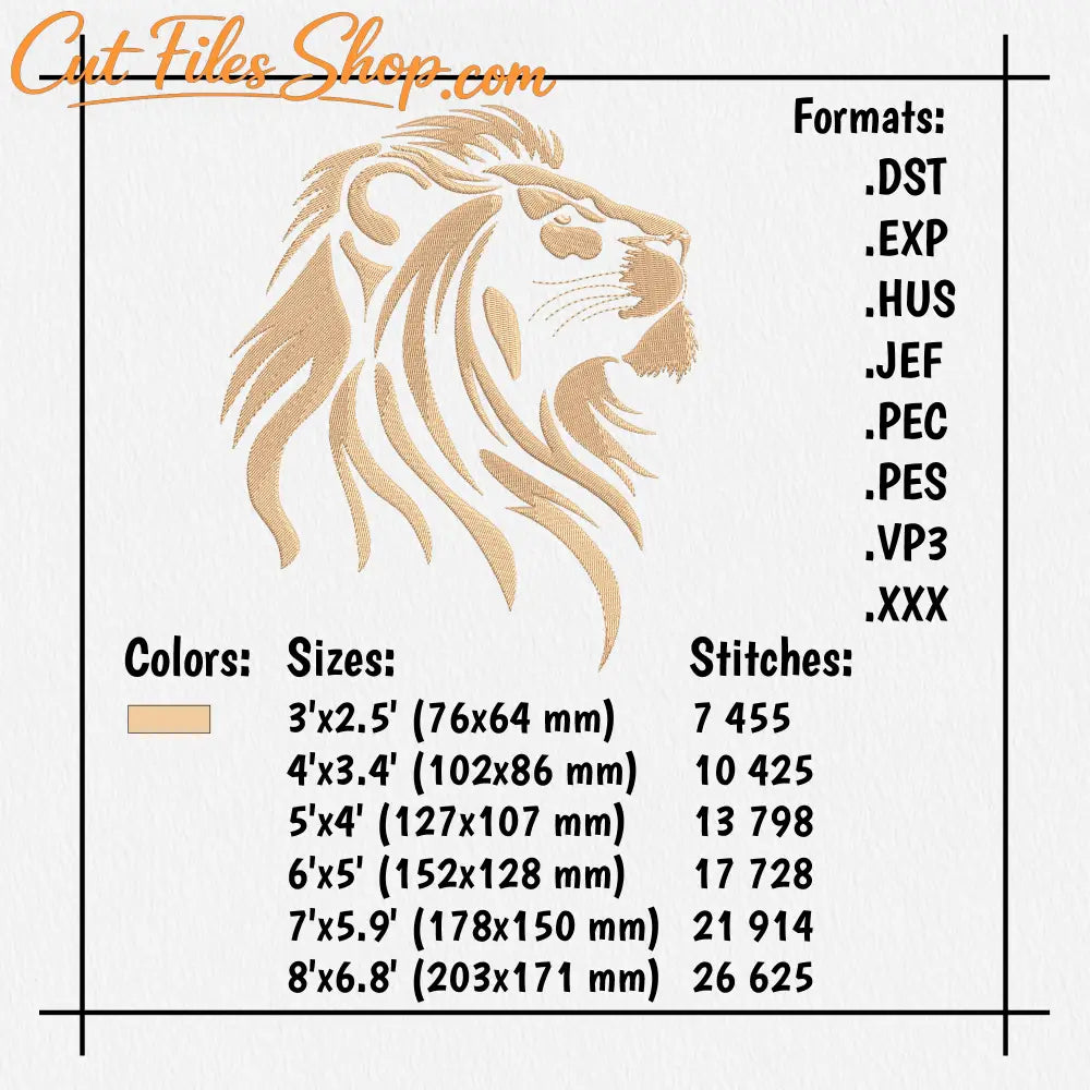 Detailed side-profile lion embroidery featuring a flowing mane and strong facial features.